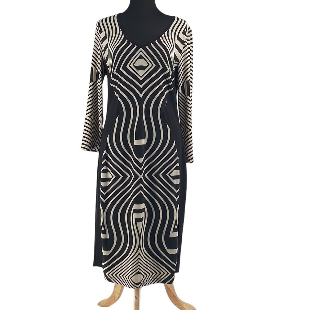 Joseph Ribkoff dress stretch illusion waist midi v neck black & cream event 10